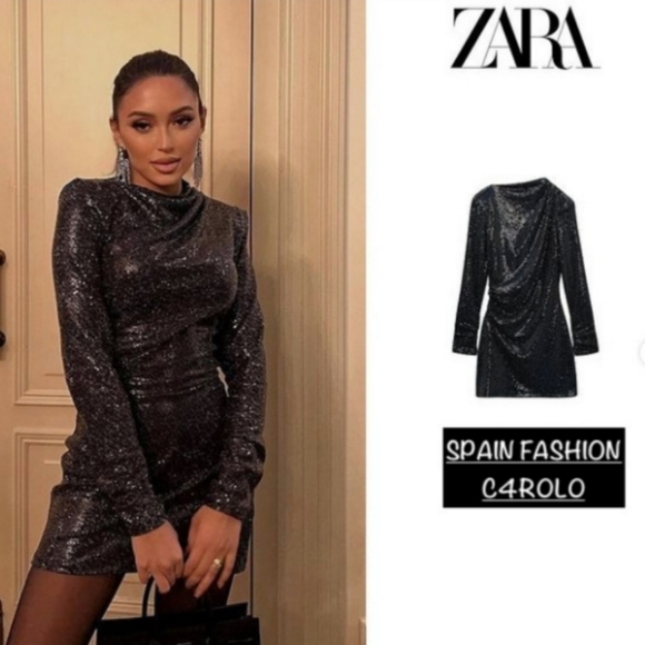 Zara * draped sequin dress black size M - Picture 9 of 15